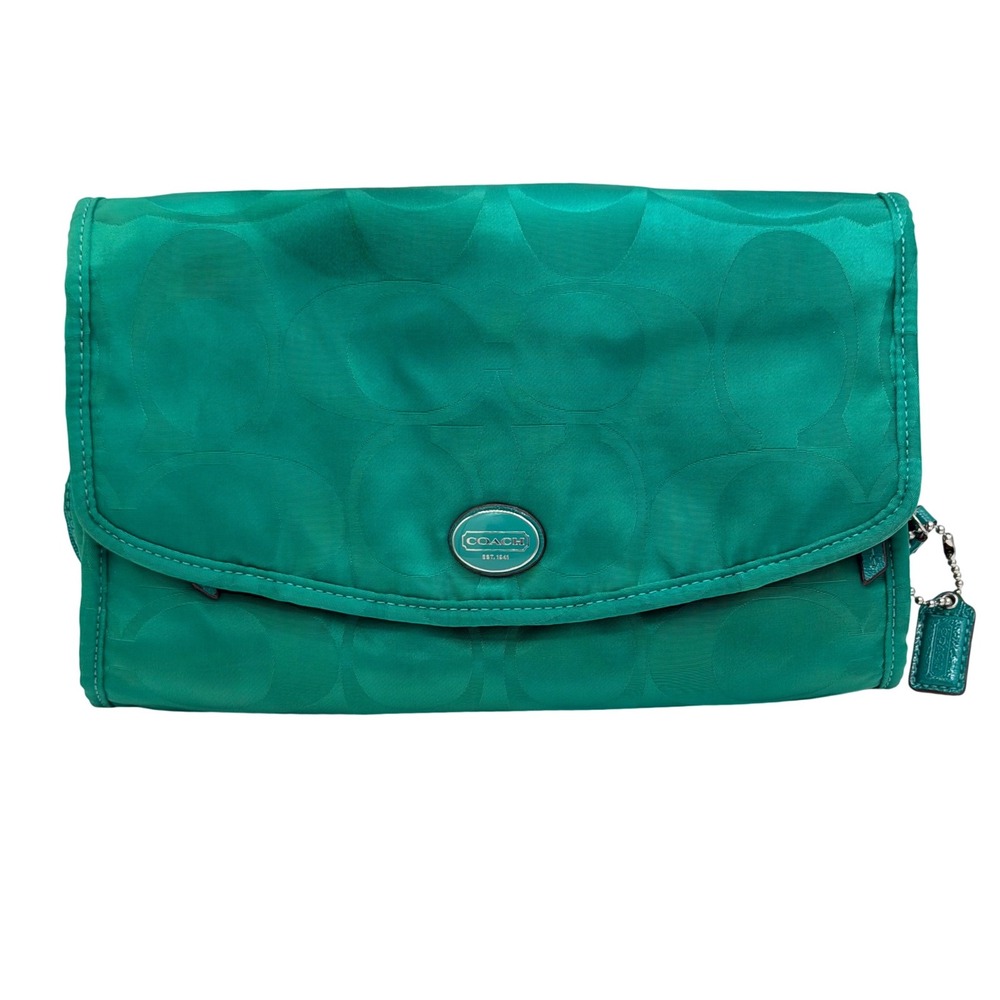 Coach Teal Green Signature C Nylon Toiletry Travel Bag Organizer Pouch Good Cond